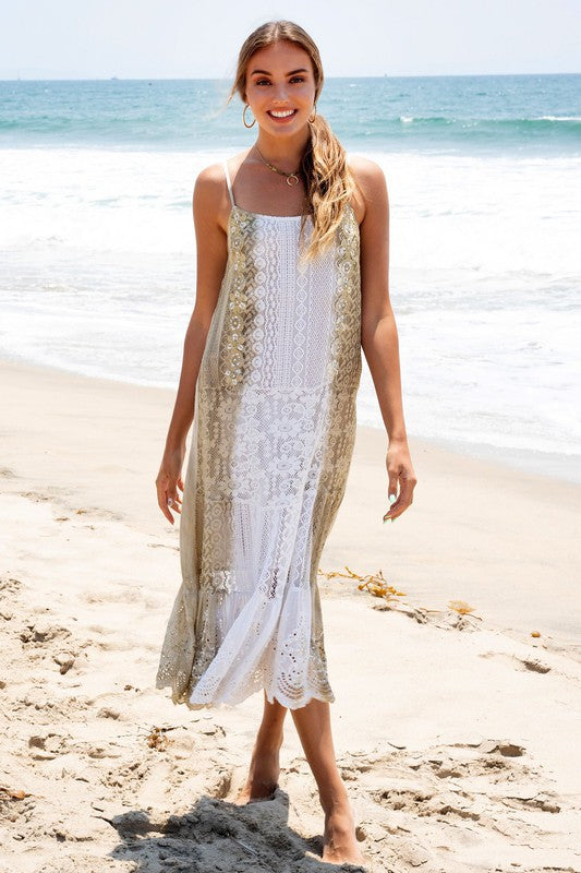 White Beige Dip Dye Ruffle Crochet Tiered Long Venti 6 Dress 3/17/23 5811