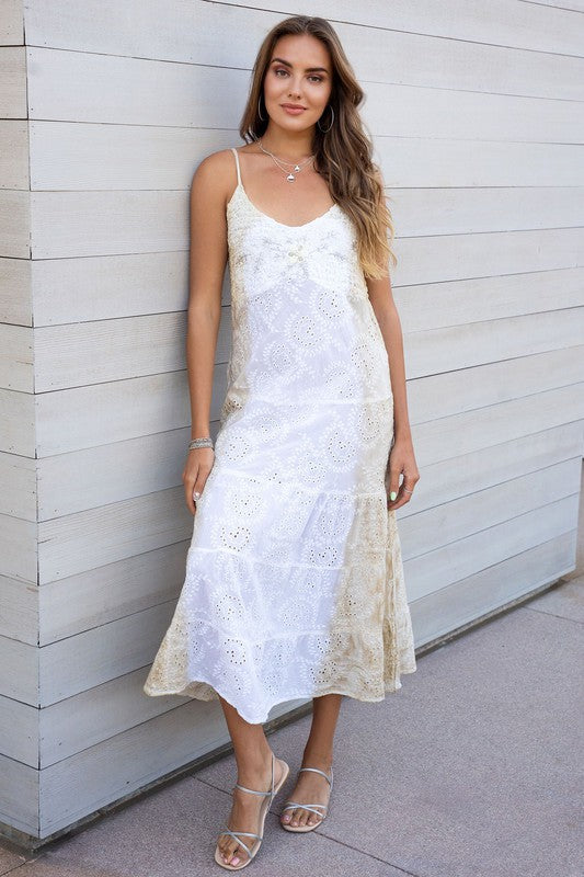 White Beige Eyelet Smocked Floral Beaded Maxi Venti 6 Dress 3/17/23 5800