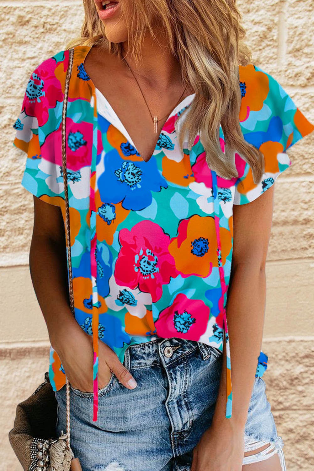 Multi Floral Drawstring V Neck Short Sleeve K Blouse 4/20/23 6064