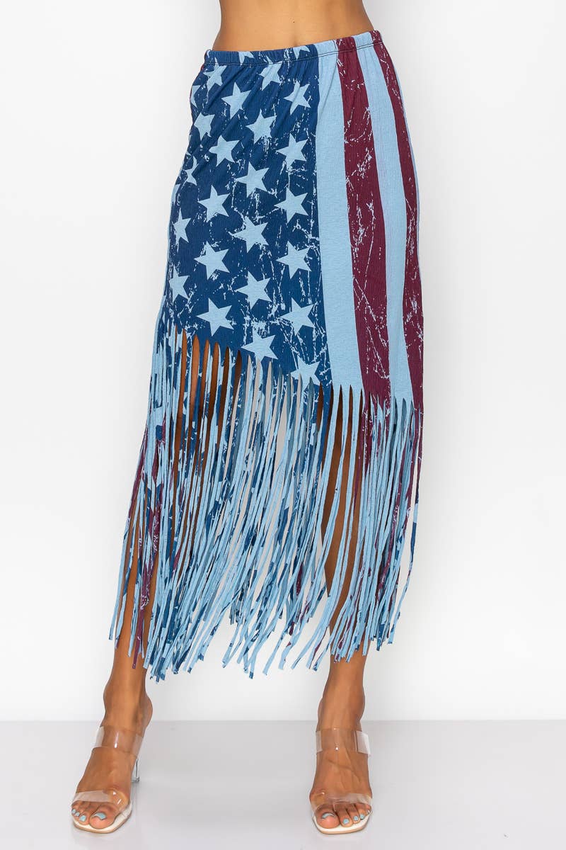 Flag Print Asymmetric Fringe Skirt