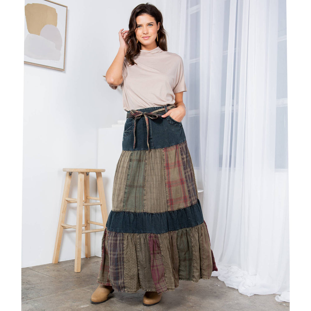 Gravel Long Denim Tiered Skirt With Patch
