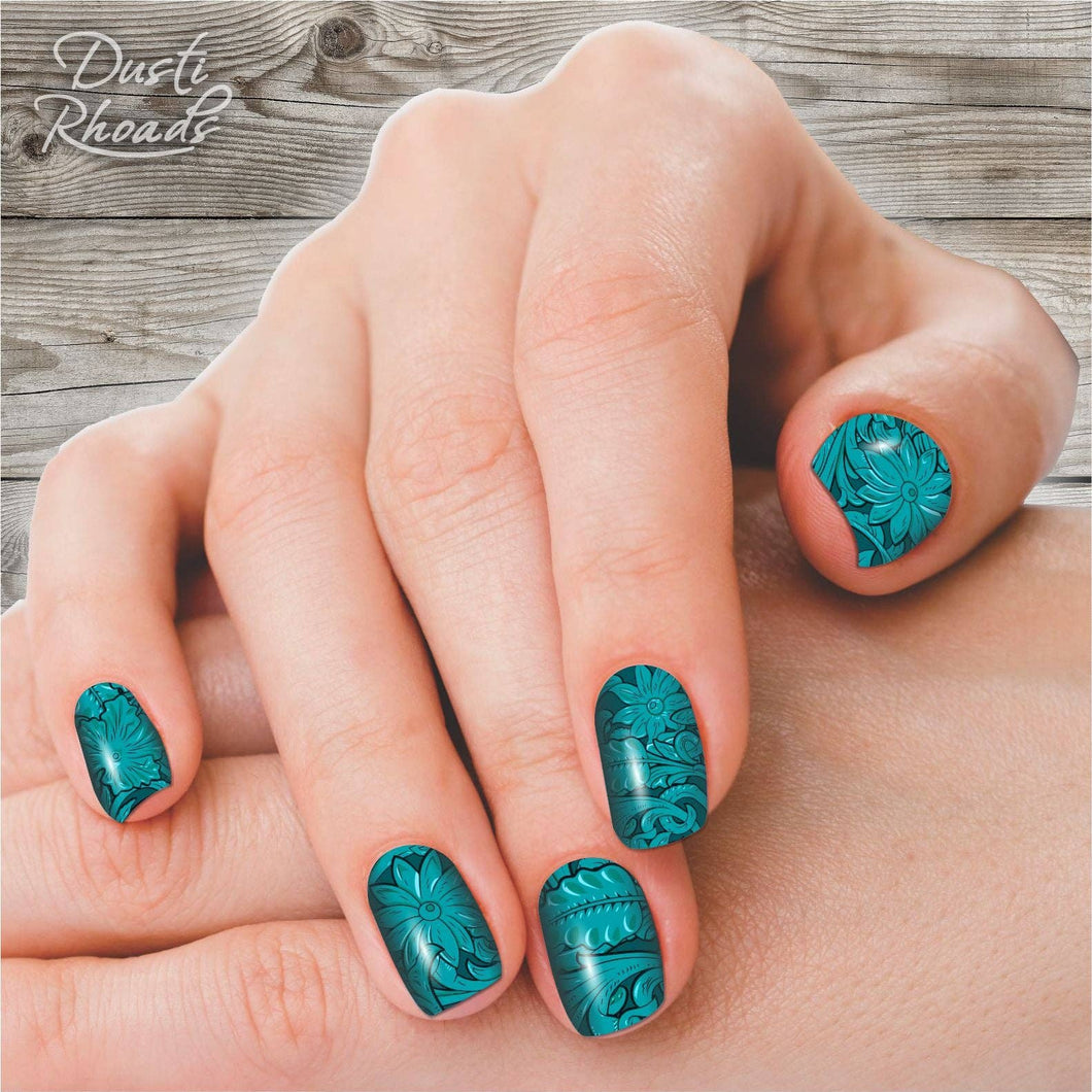 Saddle Up Teal Tooled Leather Western Nail Polish Strip