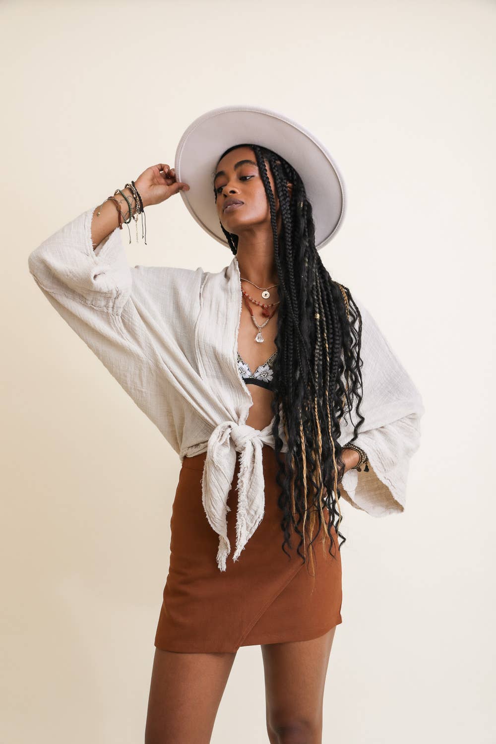 Ecru Flounce Sleeve Kimono Wrap Top