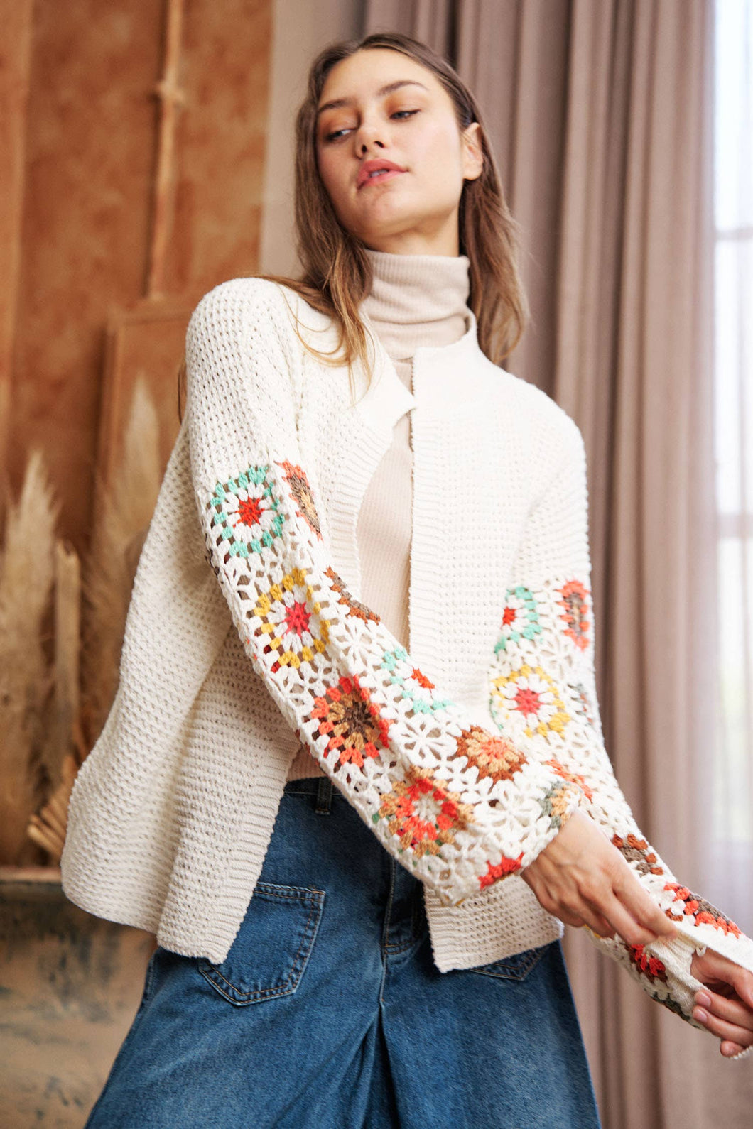 Cream Beige Crochet Floral Printed Long Sleeve Knit Cardigan