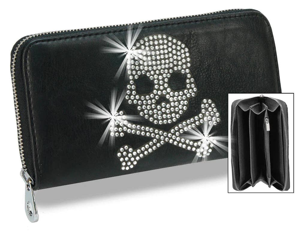 Skull Design Rhinestone Accordion Wallet
