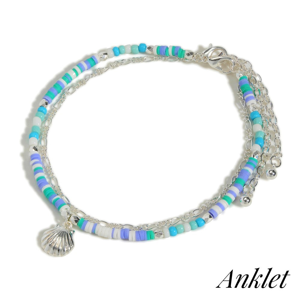 Two Chain Link & Heishi Beaded Seashell Charm Judson Anklet 7/25/22 3626