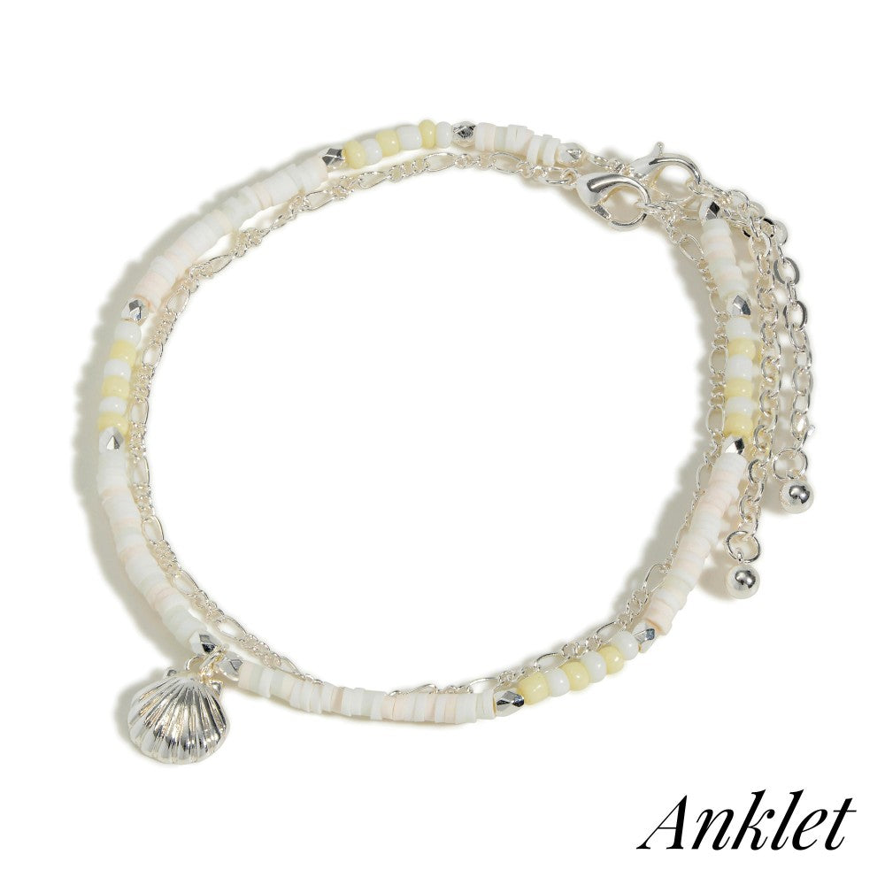 Ivory Two Chain Link & Heishi Beaded Seashell Charm Judson Anklet 7/25/22 3627