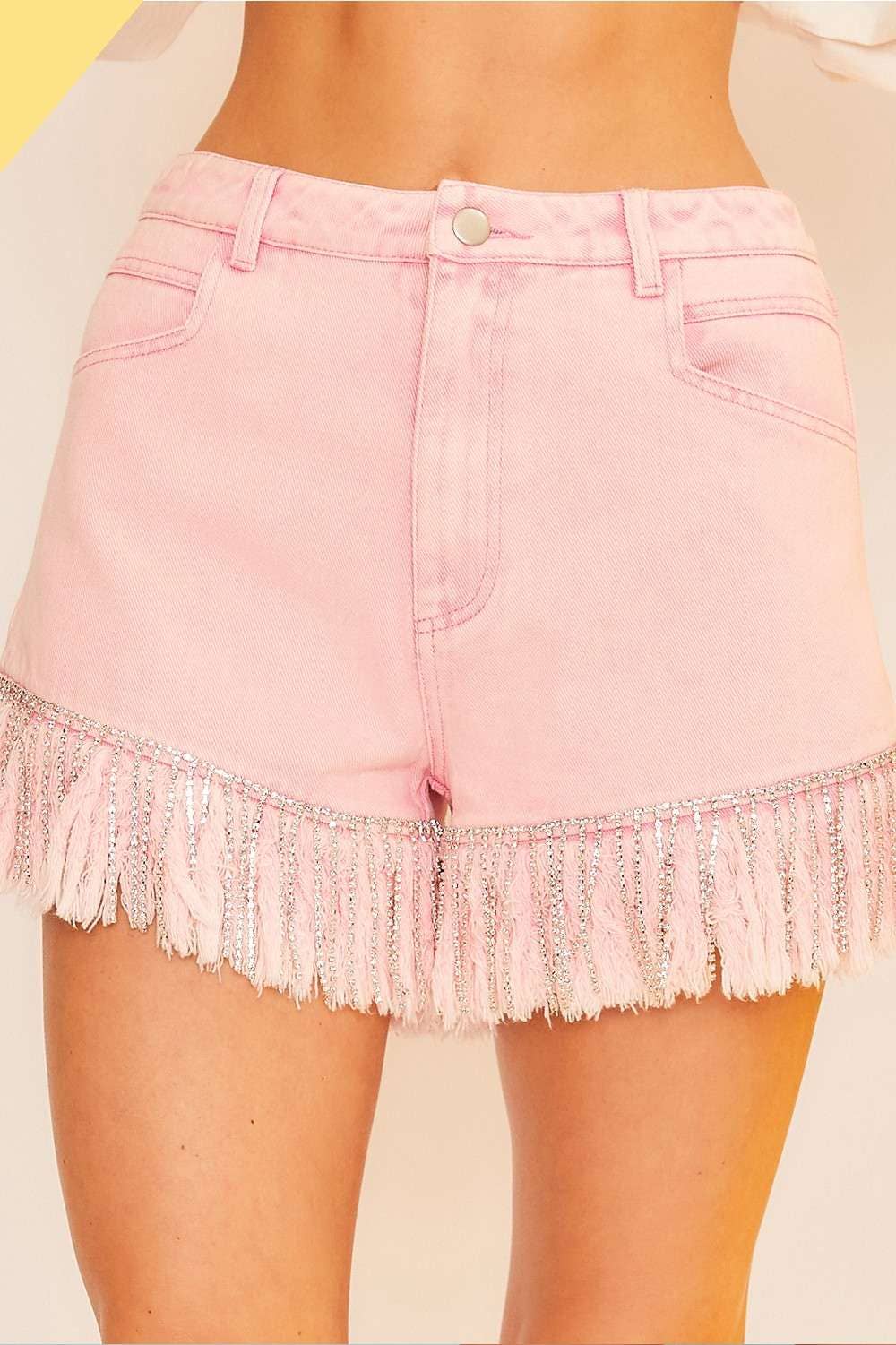 Pink Fringe With Rhinestone Trim Denim Shorts