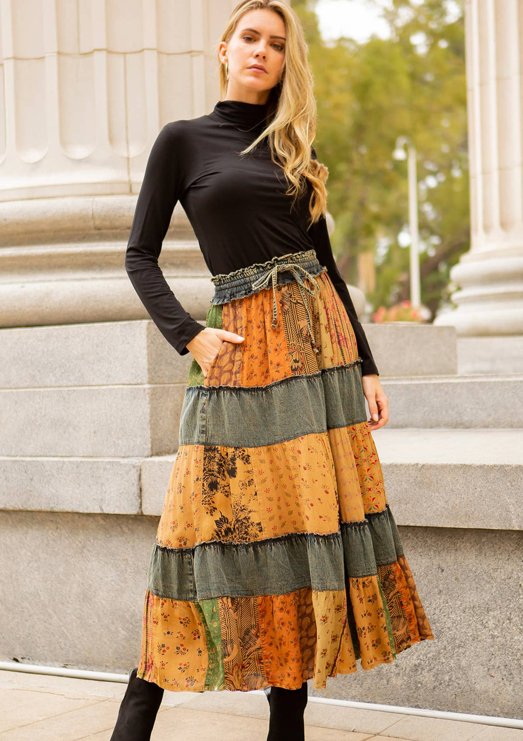 Women Denim and Print Mix Tier Maxi Skirt