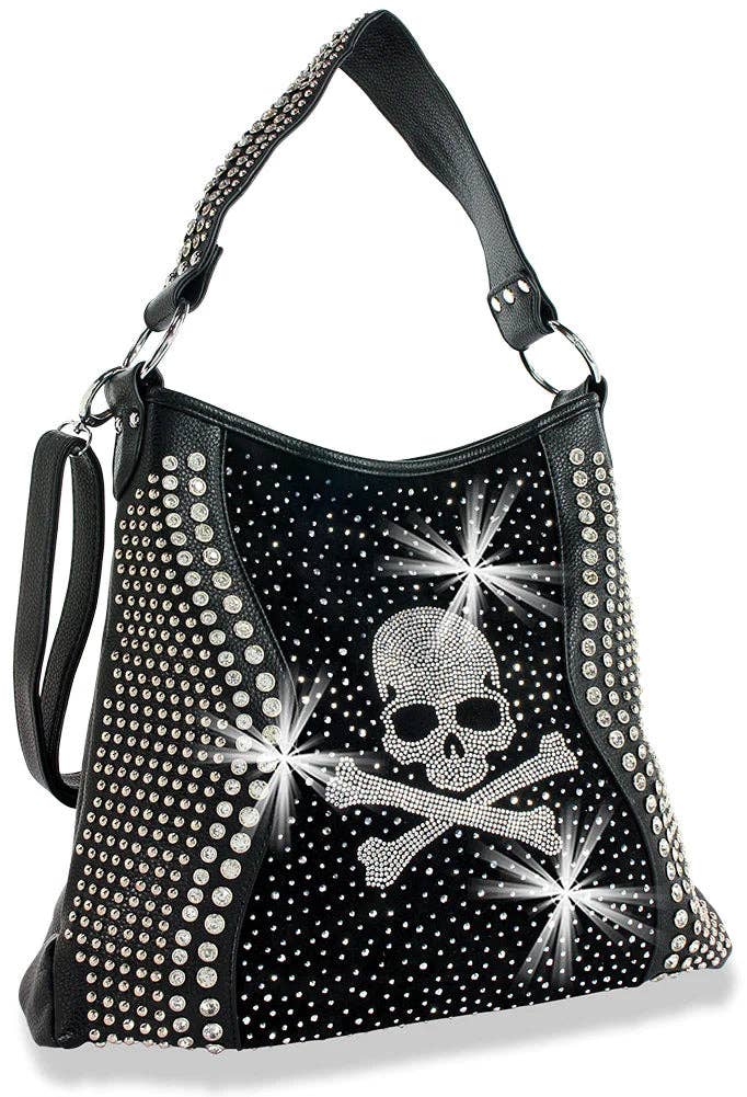 Skull and Crossbones Hobo Handbag - Black
