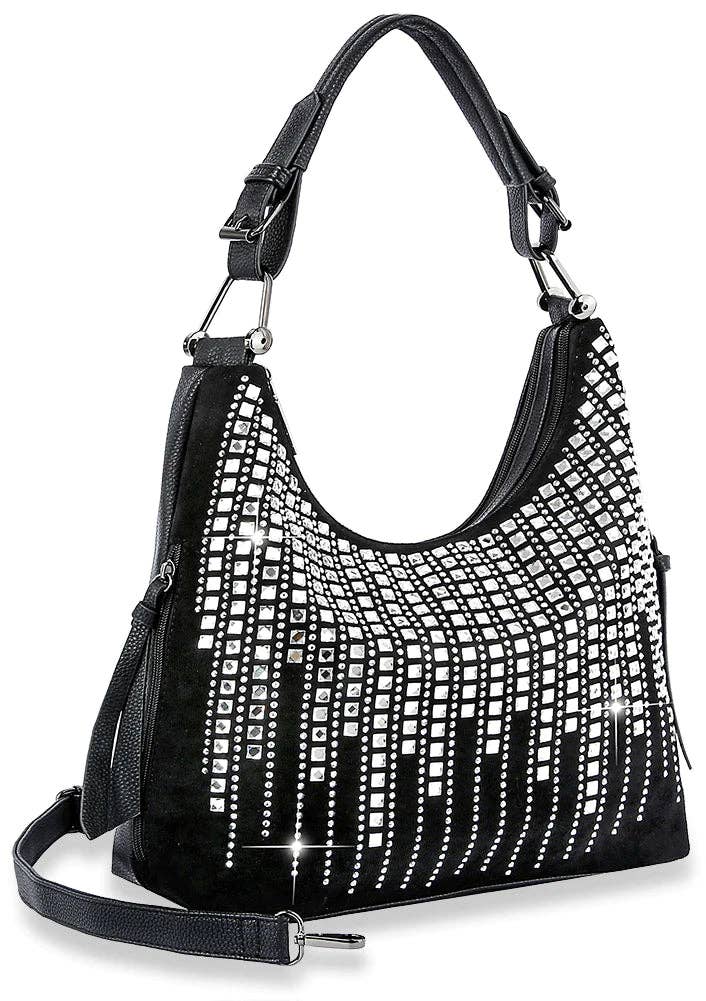 Rhinestone Waterfall Hobo Handbag - Black