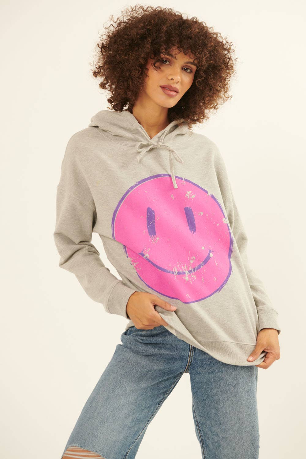 Heather Grey Smiley Face French Terry Graphic Hoodie