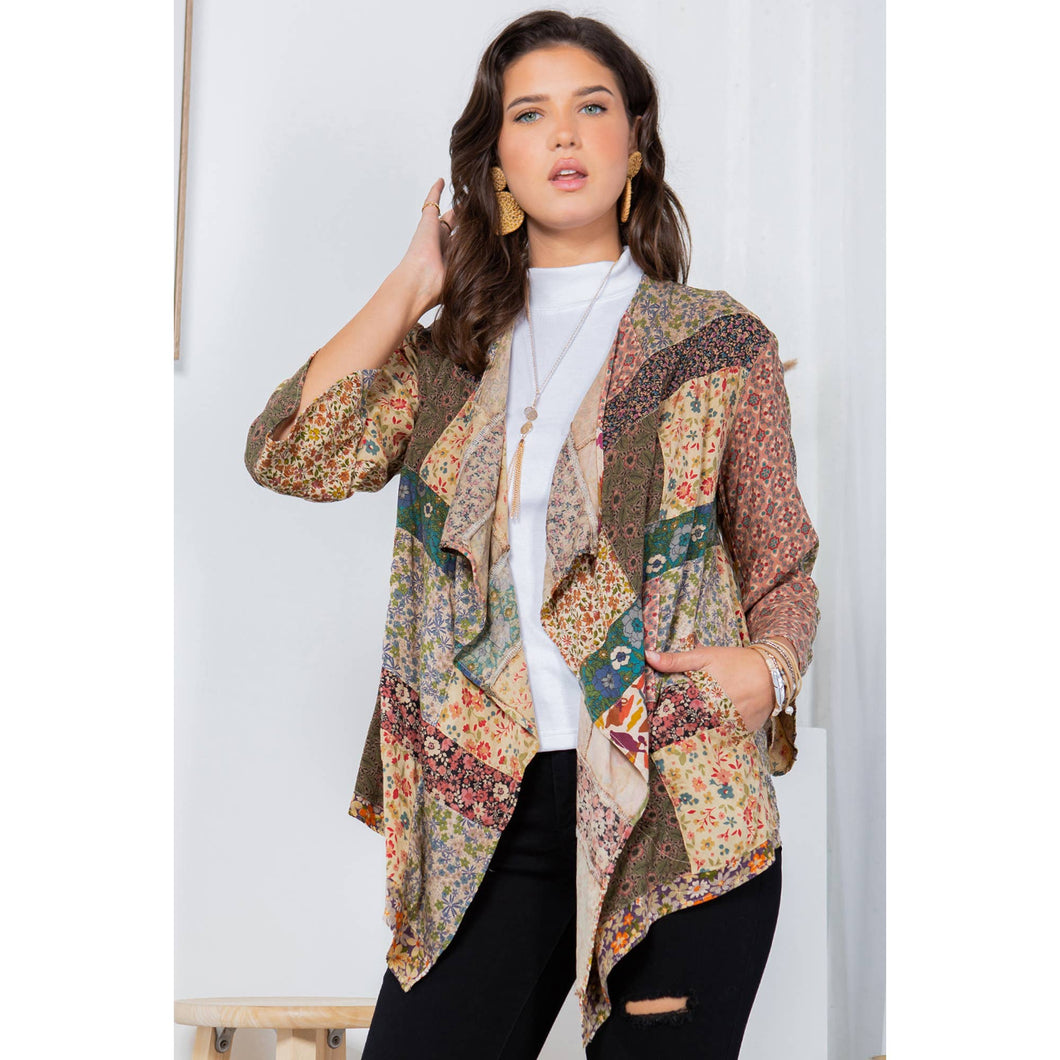 Latte Patchwork Kimono Cardigan With 3/4 Sleeve