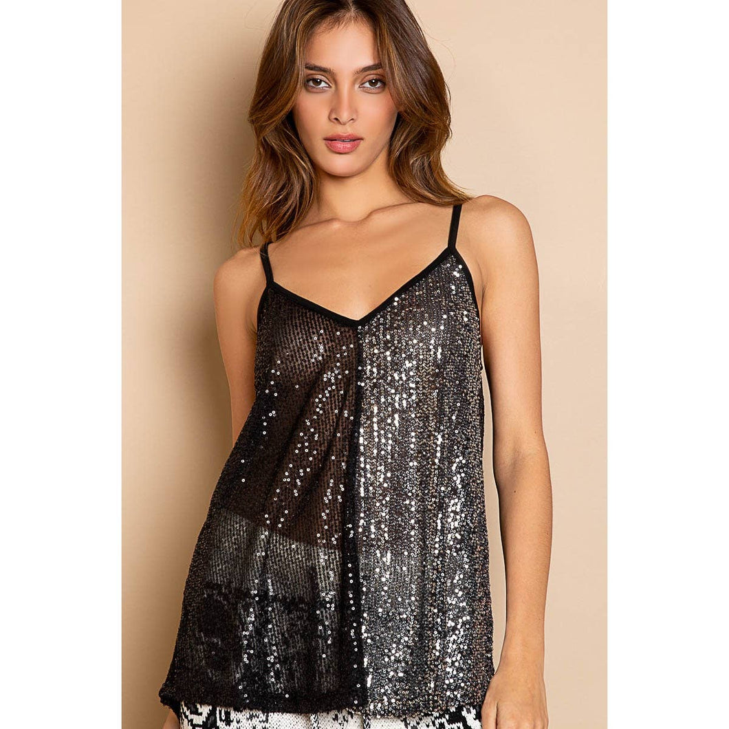 Black Multi Sequin V Neck Sleeveless POL Top