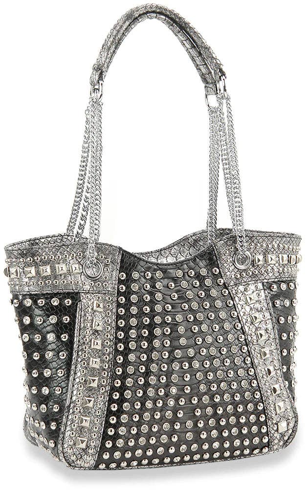 Black Embossed Rhinestone Studded Tote