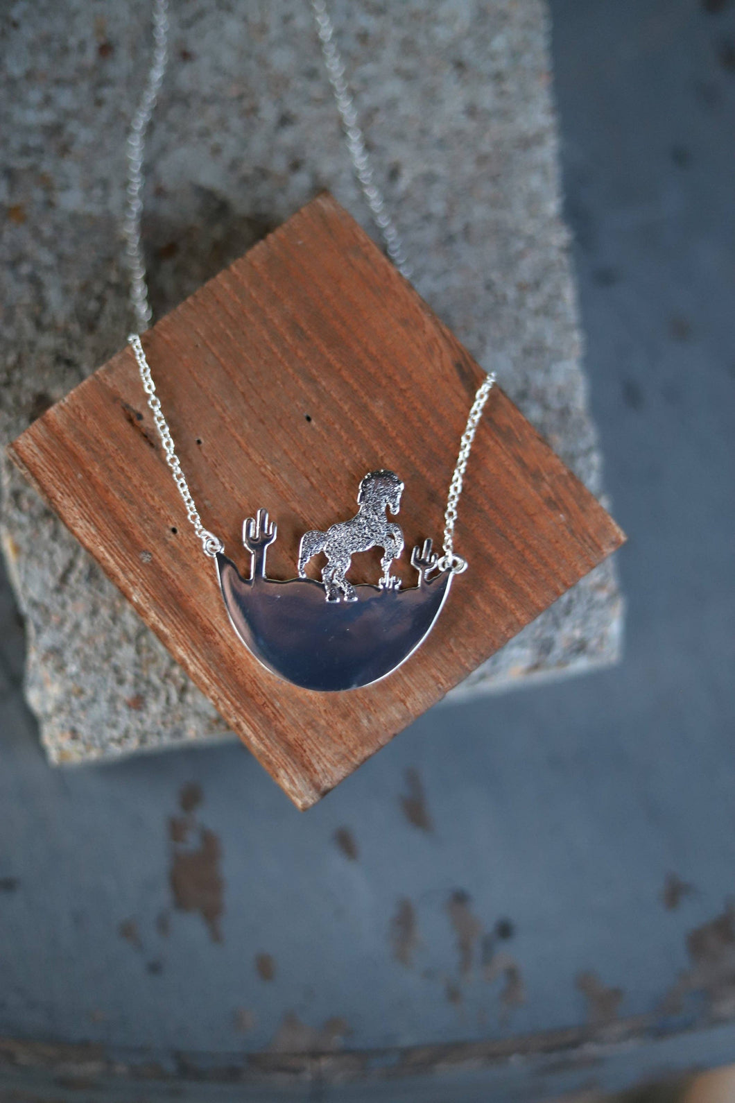 22' Western Horse Scene Cutout on Tiny Silver Chain Necklace