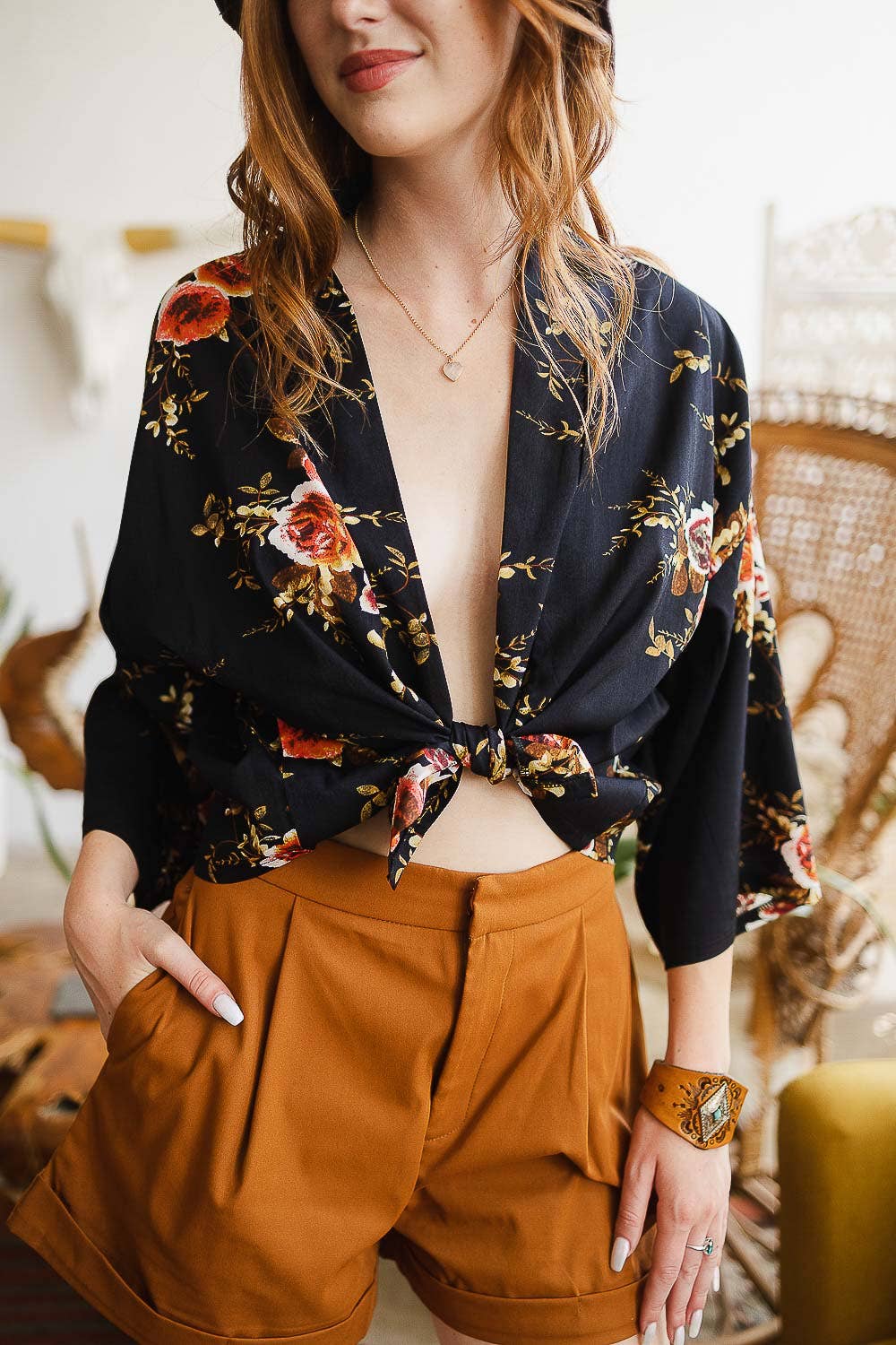 Navy Lush Rose Short Kimono