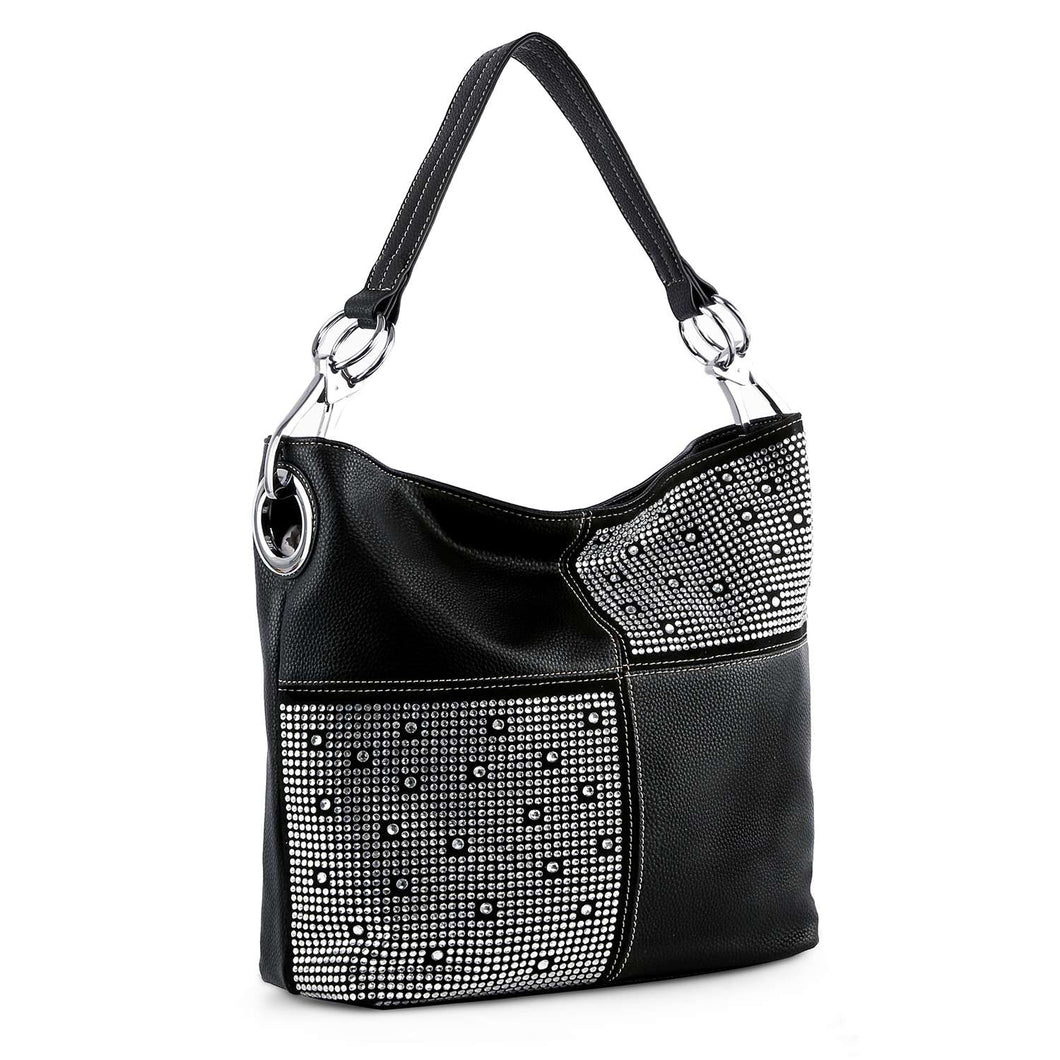 Four Square Rhinestone Accent Hobo - Black