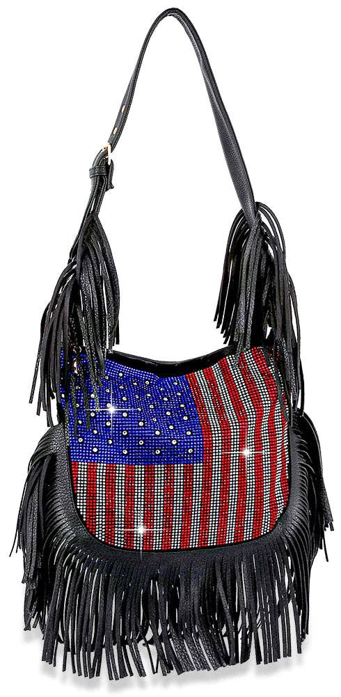 Black Fringed Rhinestone Flag Shoulder Handbag