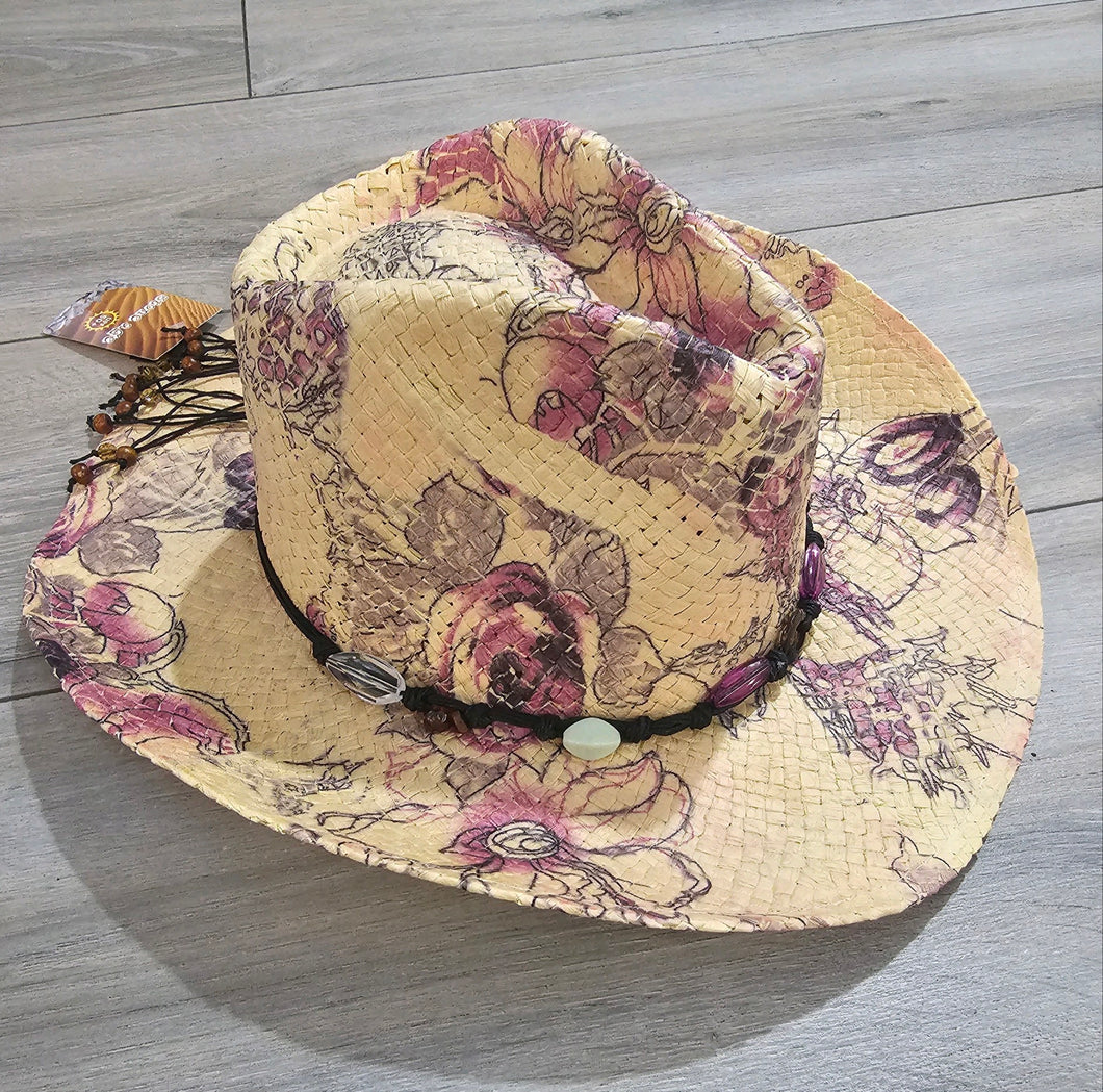 Purple Floral Raffia Paper Straw Cowboy Hat 3/8/23 5763