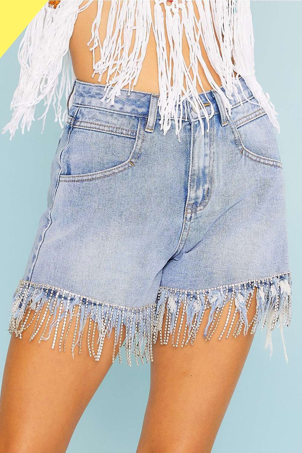 Denim Fringe With Rhinestone Trim Denim Shorts