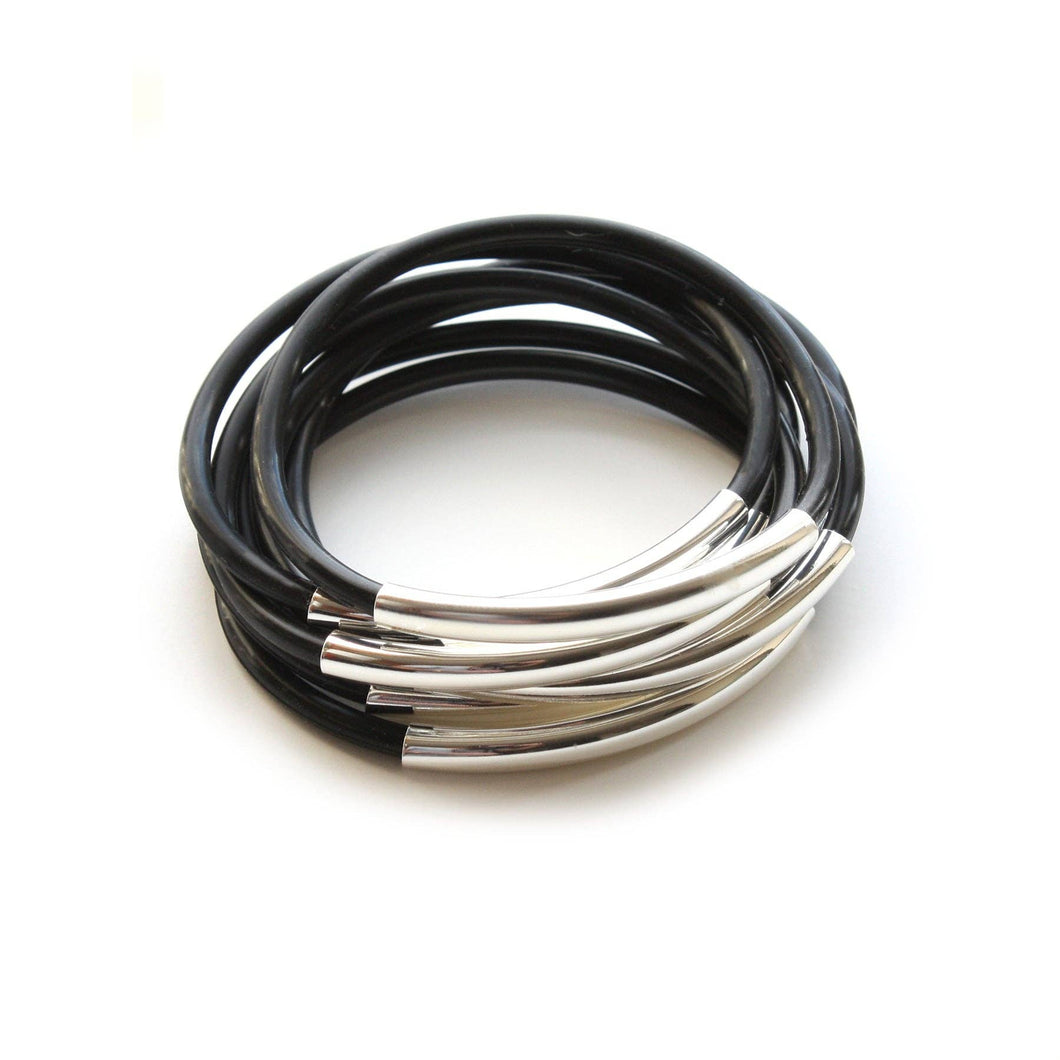 Silver Black Tube Jellies Bracelet Stack in Black With Silver