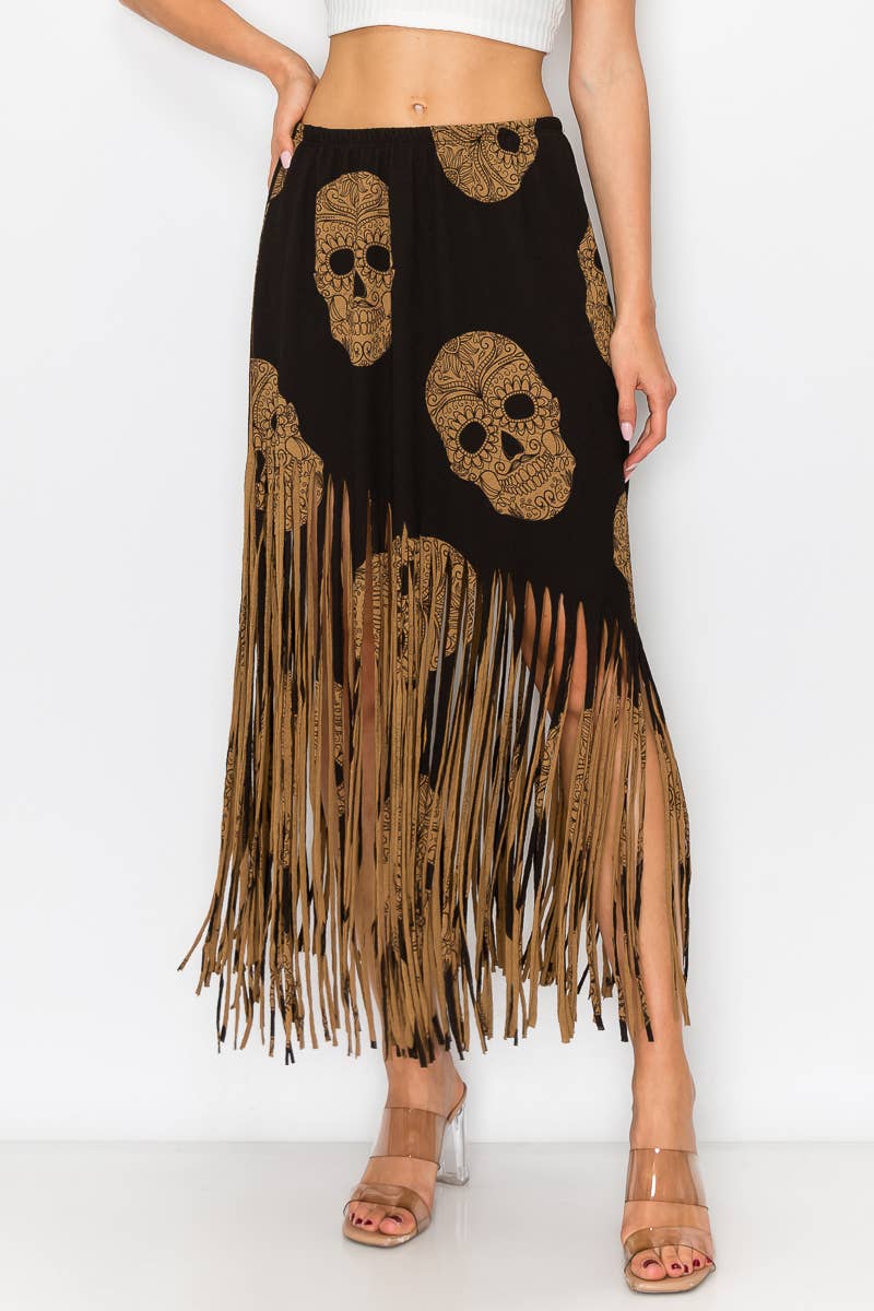 Skull Printed Asymmetric Fringe bottom Elastic Waist Skirt