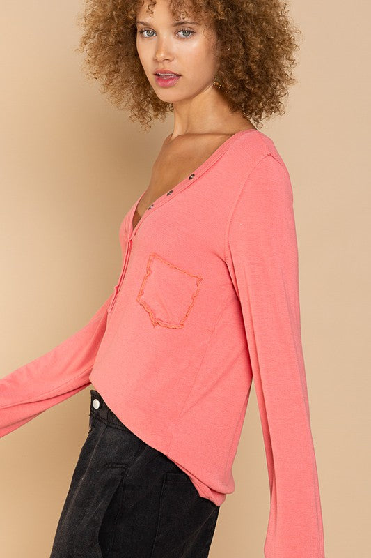 Watermelon Pink Plus V Neck Button Down Long Sleeve POL Top 11/18/22 4663