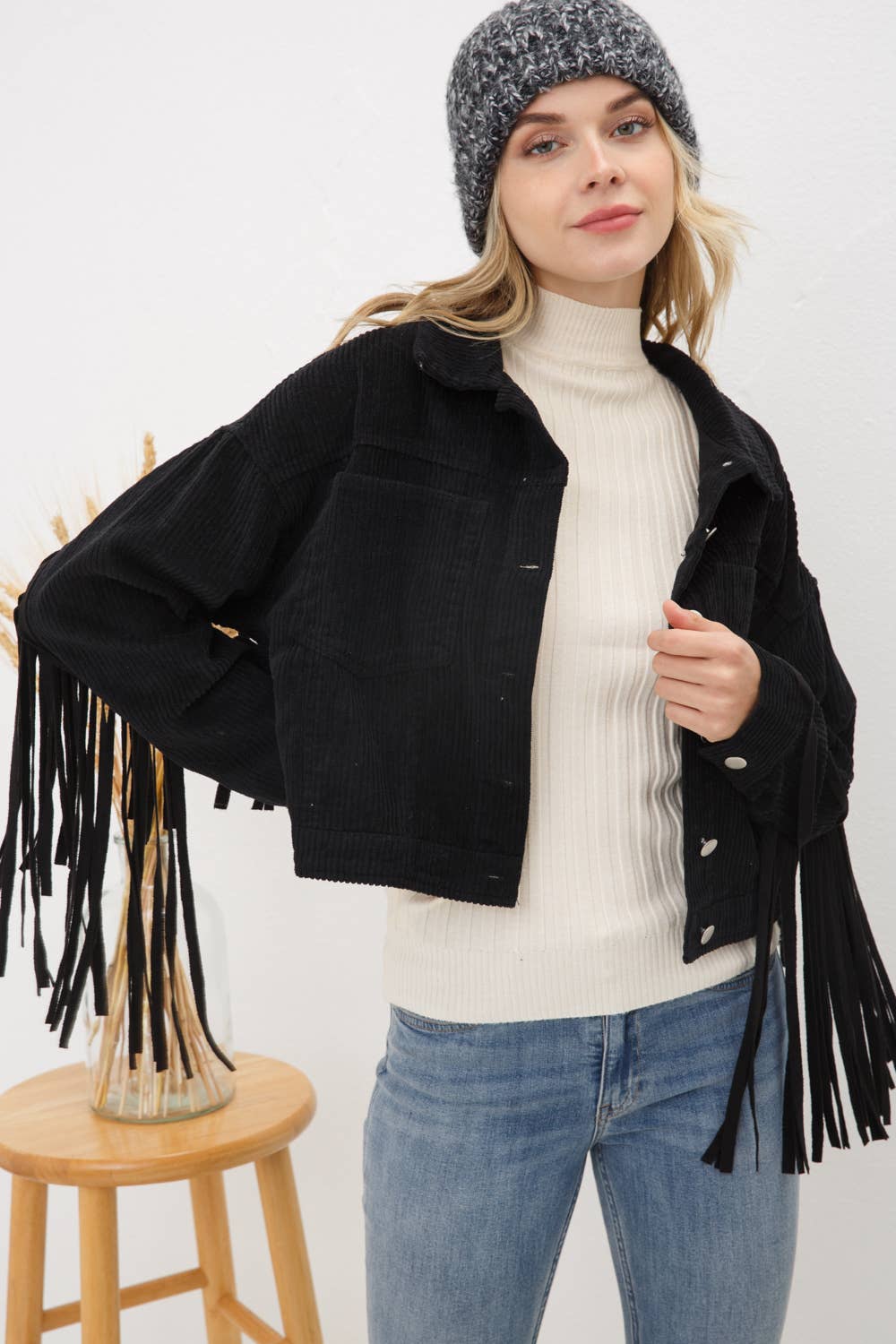 Black Corduory Crop Front Pocket Jacket with Suede Fringe