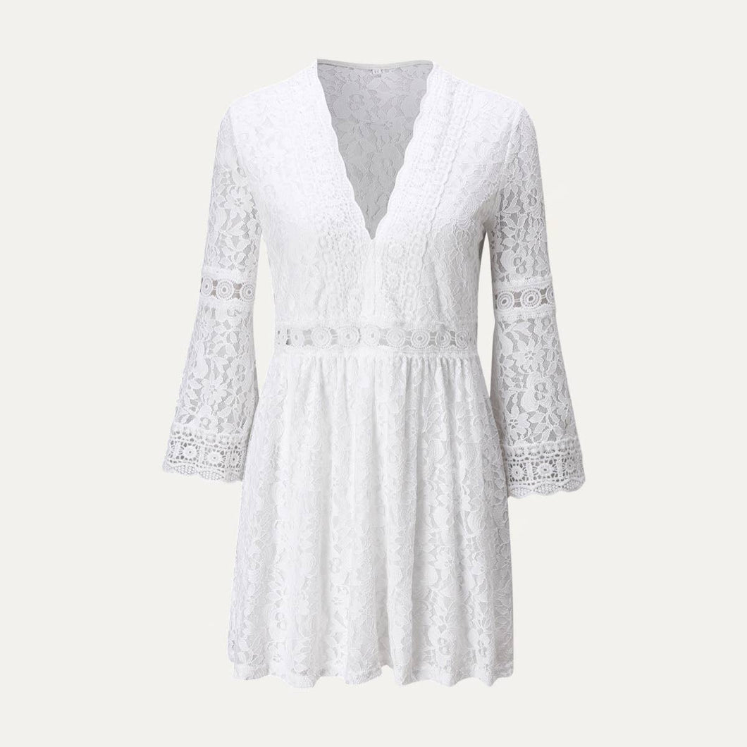 White Love and Romantic Dream Floral Lace V-Neck Mini Dress