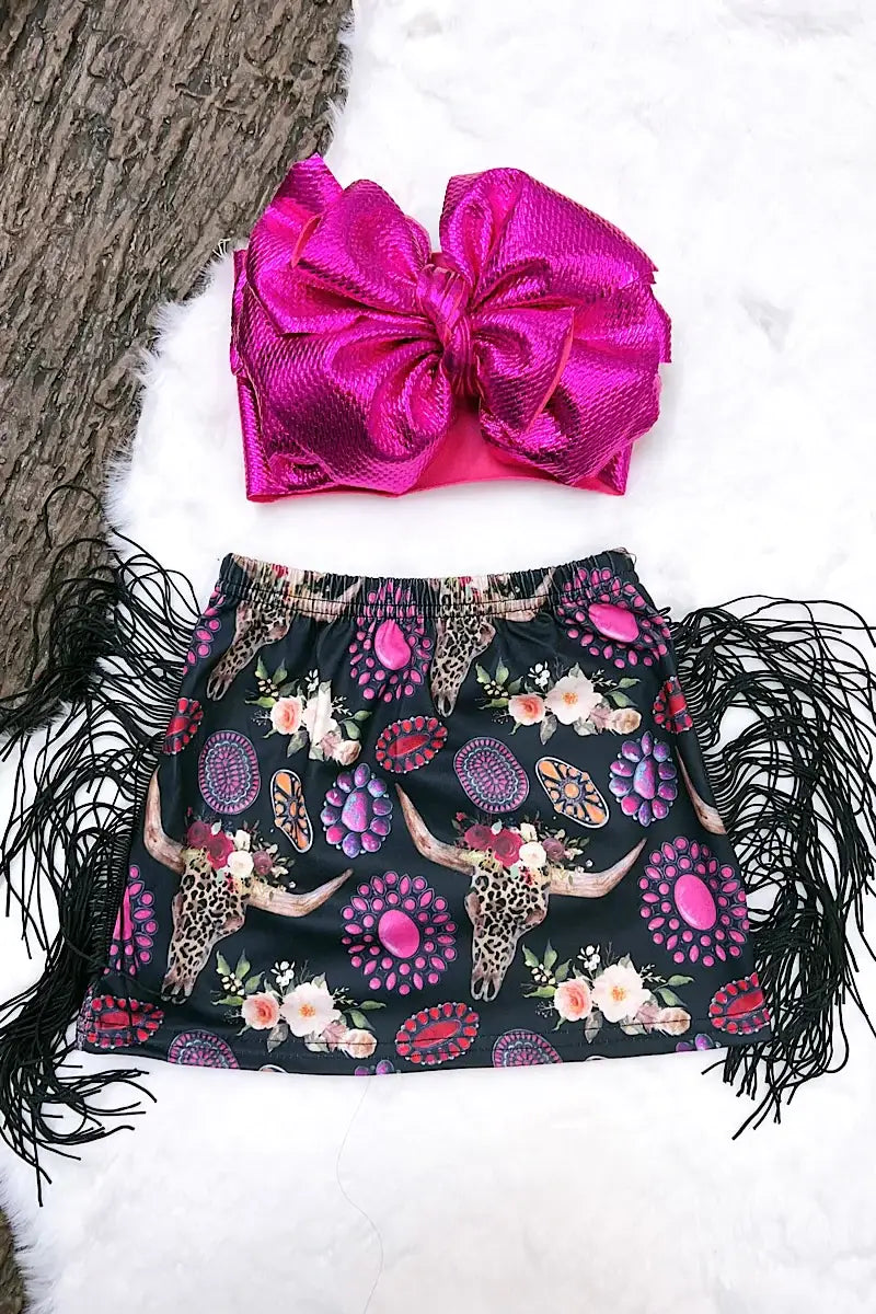 Fuschia Concho Printed on Black Fringe Skirt