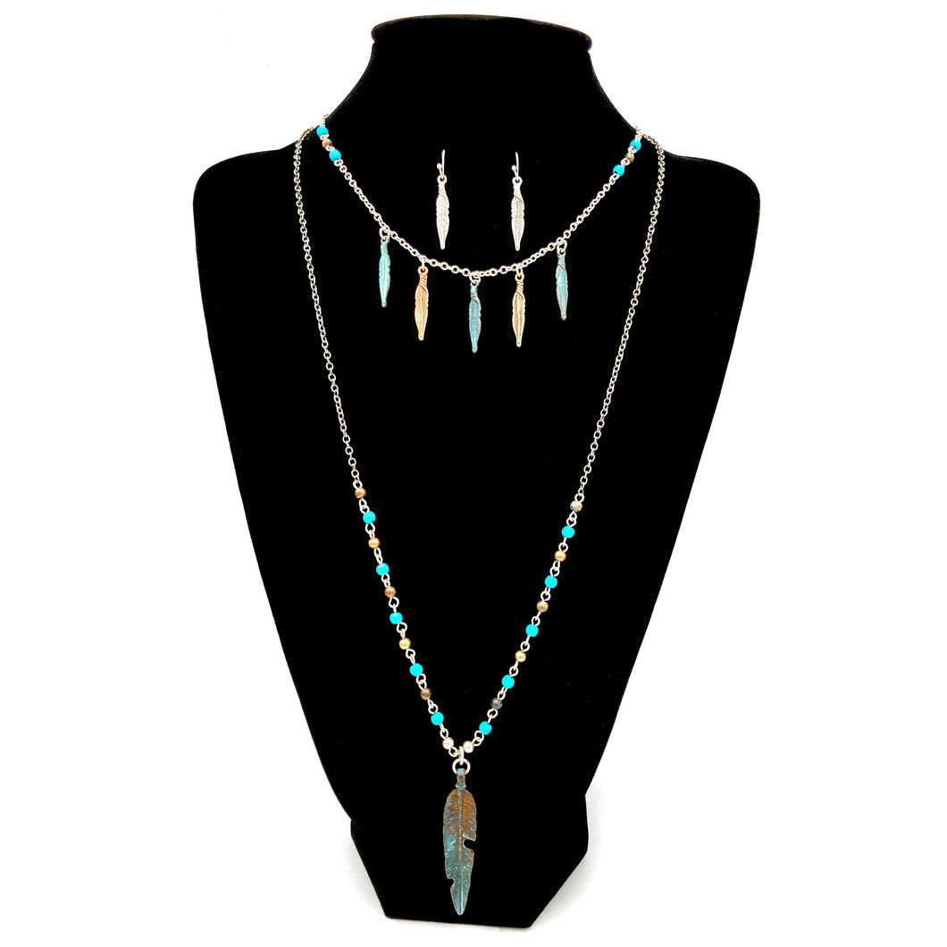 Tri-tone Feather Beaded Turquoise Style Necklace and Earrings