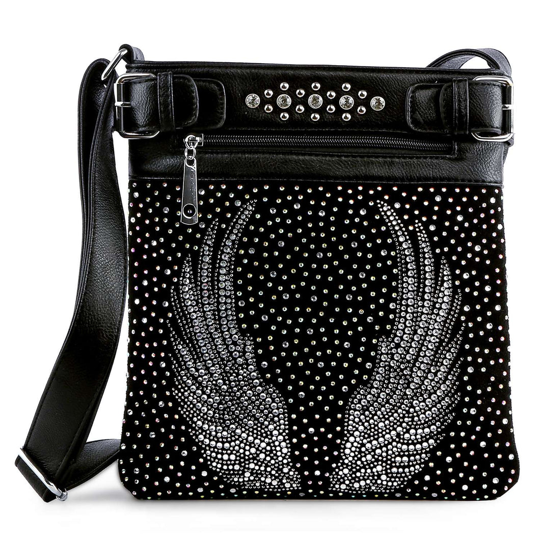 Extra Bling Wings Design Rhinestone Crossbody Sling - Black