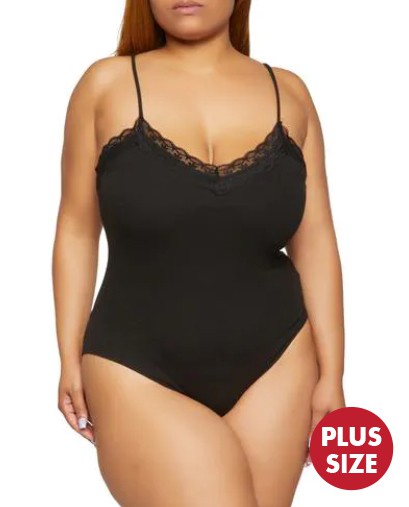 Black Plus Ribbed Lace Trimmed V Neck Cami One Bodysuit 1/31/23 5496