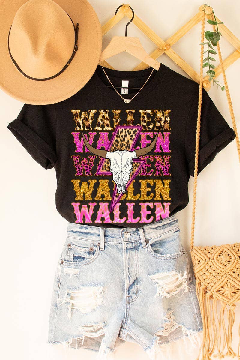 Black Short Sleeve Wallen Lightning Bolts Cow Skull Tee 3/21/23