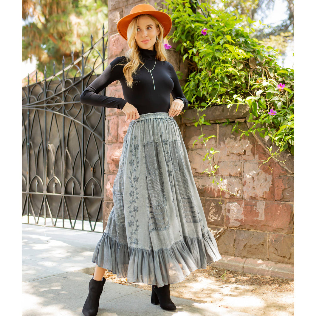 Grey Patchwork Embroidered Maxi Skirt with Side Pockets