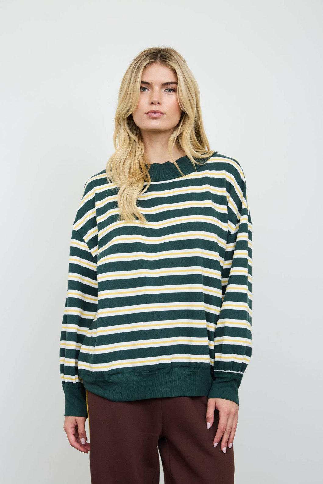 Hunter Green Contrast Wide Neck Long Sleeve Stripe Knit Top