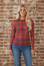 Red Plaid Mesh Lettuce Trim Long Sleeve Top