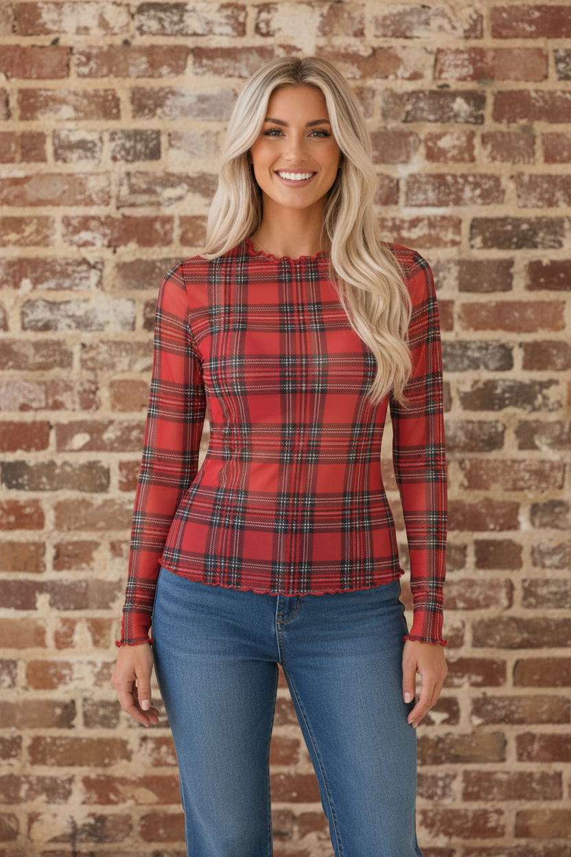 Red Plaid Mesh Lettuce Trim Long Sleeve Top