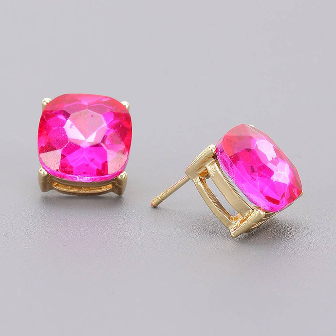 Fuchsia Square Crystal Stud Earrings