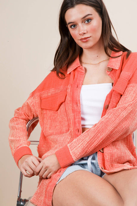 Coral Mineral Washed Oversized Gauze Shacket Jacket
