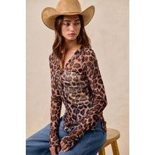 Leopard Button Up V Neck Mesh Top