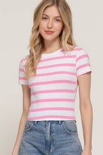 Off White Pink Short Sleeve Crew Neck Y/D Stripe Knit Crop Top