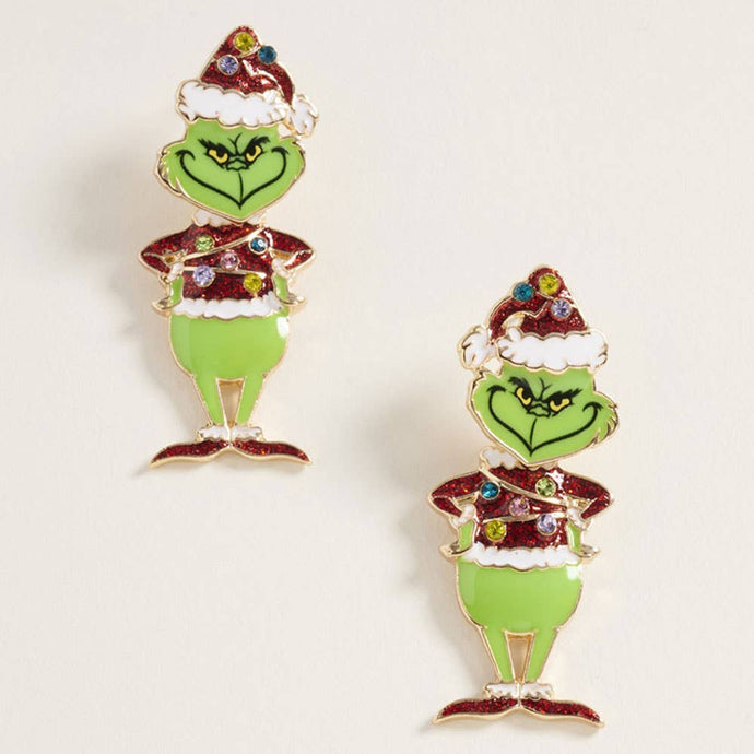 Red Sparkly Holiday Grinch Green Monster Earrings