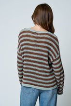 STRIPE RAW EDGE SPLIT NECK SHEER KNIT SWEATER : NAVY