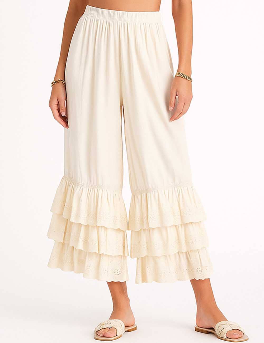 Apricot Solid Color Elastic Waist Pull -On Tiered Ruffle Pants