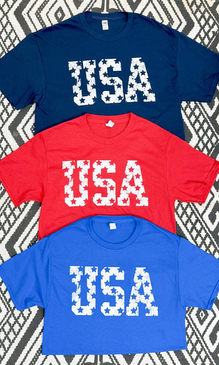 Red USA Stars Distressed Patriotic Graphic T-Shirt