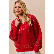 Red Christmas Sequins V Neck Sweater