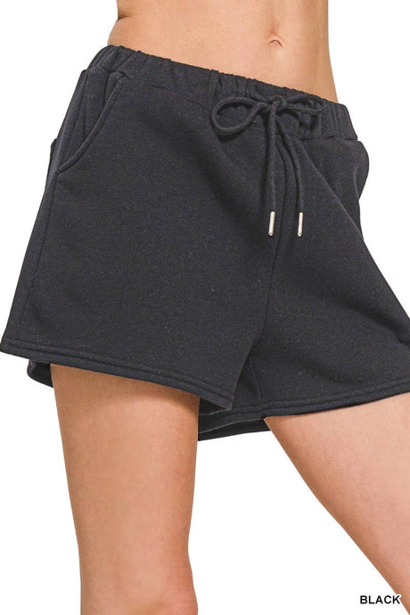 Black Fleece Drawstring Short Pants With Pockets