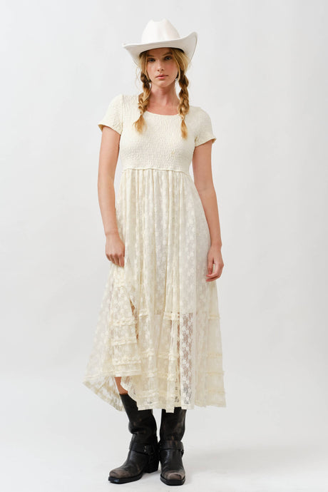Cream Floral Lace Smocked Bodice Maxi Dress